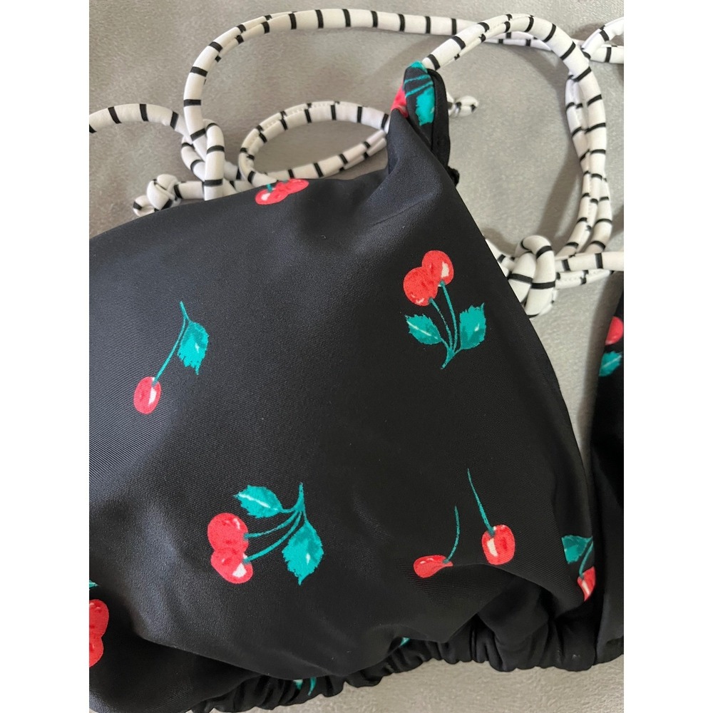 Cacique Swim Cherry Print Triangle Bikini Top Black Striped Ties Size 22 NEW - Picture 5 of 5